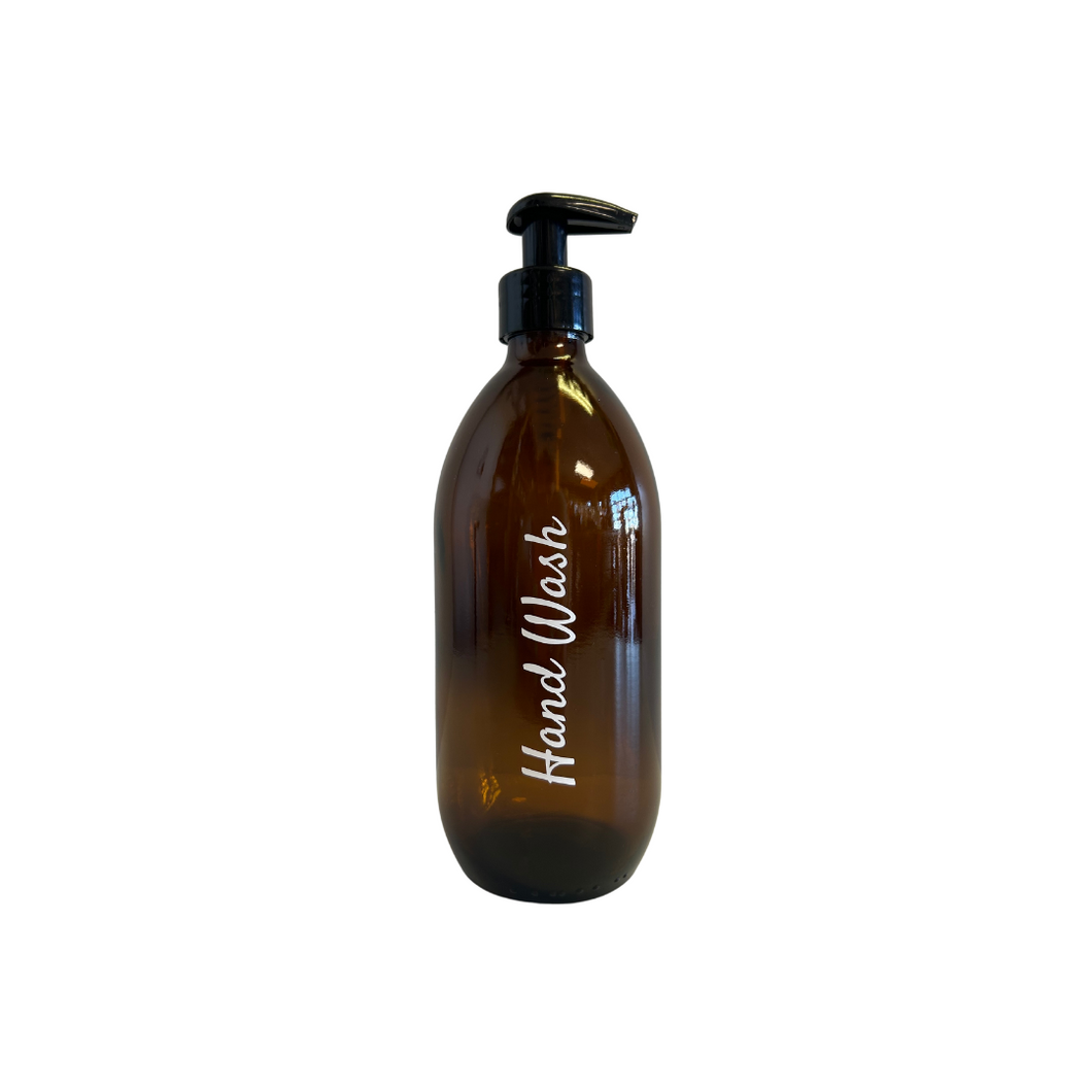 Hand Wash Labelled 500ml Amber Glass Bottle Black Pump