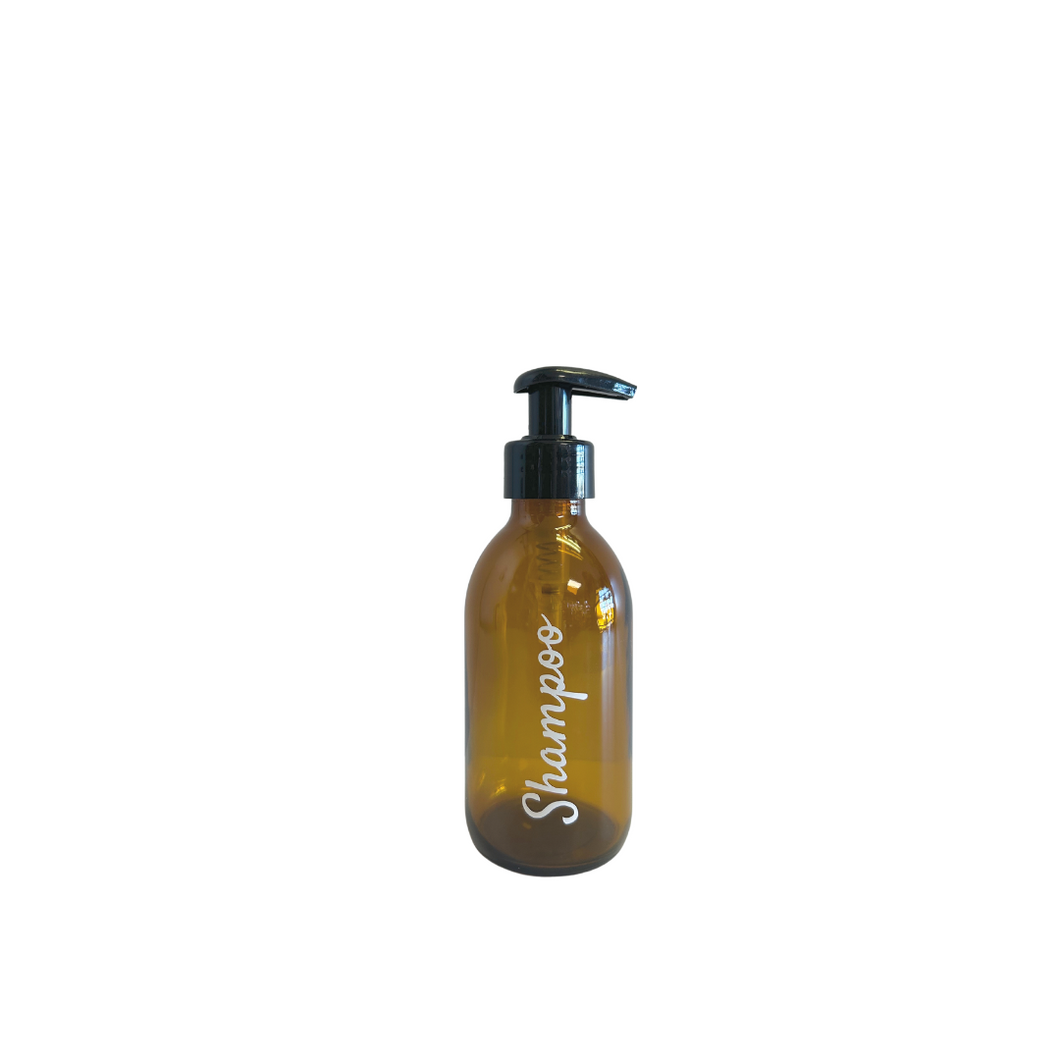 Shampoo Labelled 200ml Amber Glass Bottle Black Pump