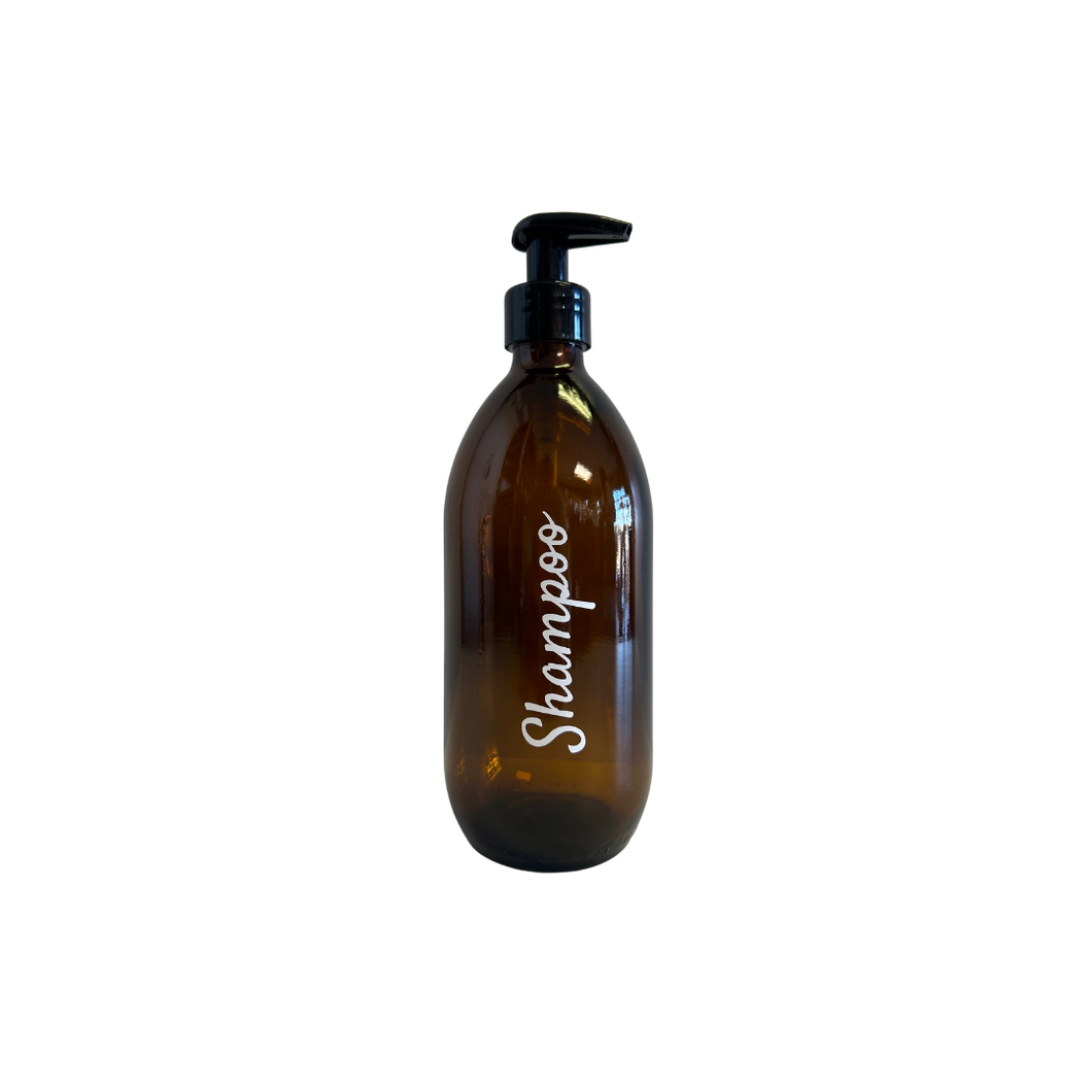 Shampoo Labelled 500ml Amber Glass Bottle Black Pump