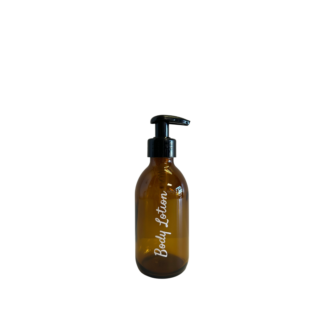 Body Lotion Labelled 200ml Amber Glass Bottle Black Pump