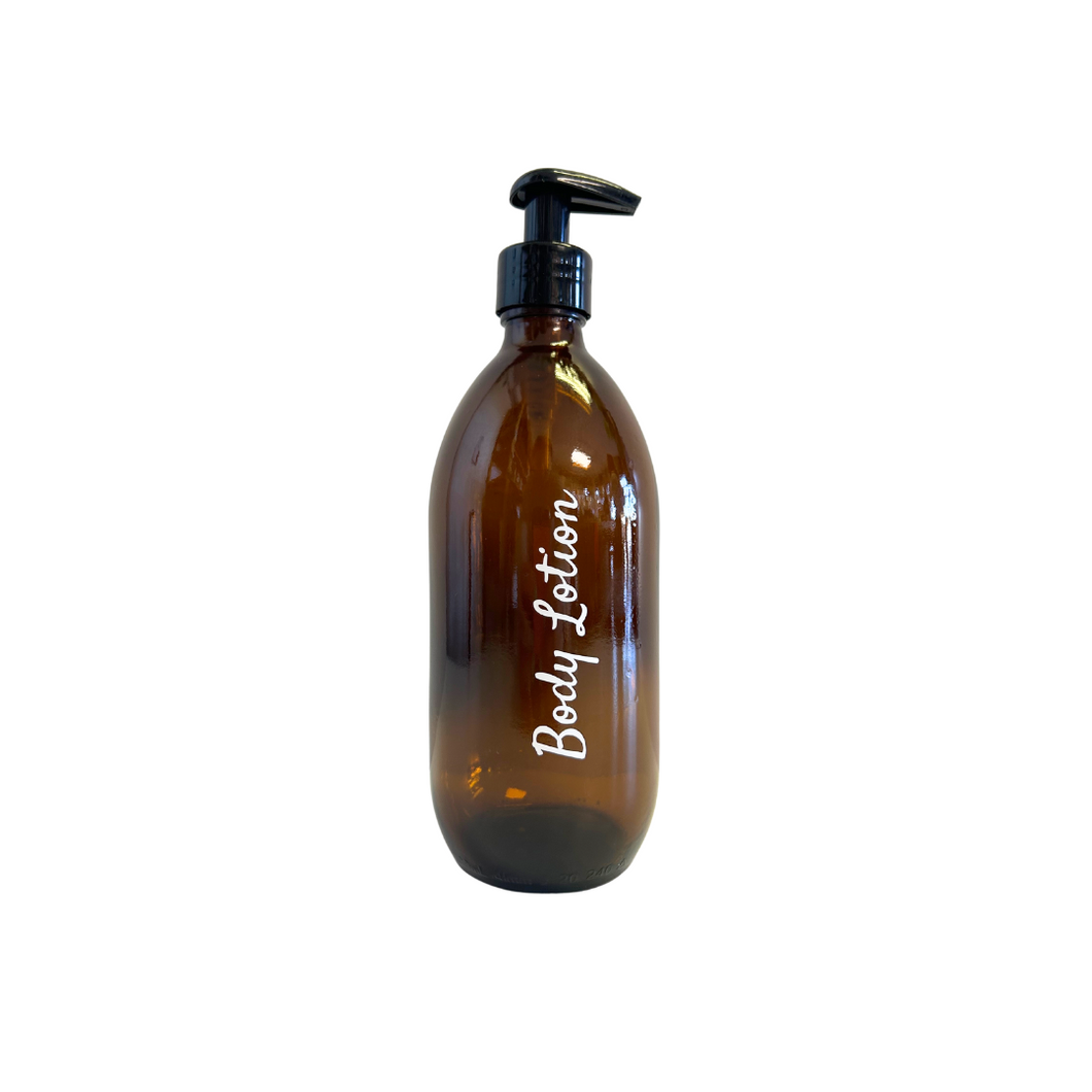 Body Lotion Labelled 500ml Amber Glass Bottle Black Pump