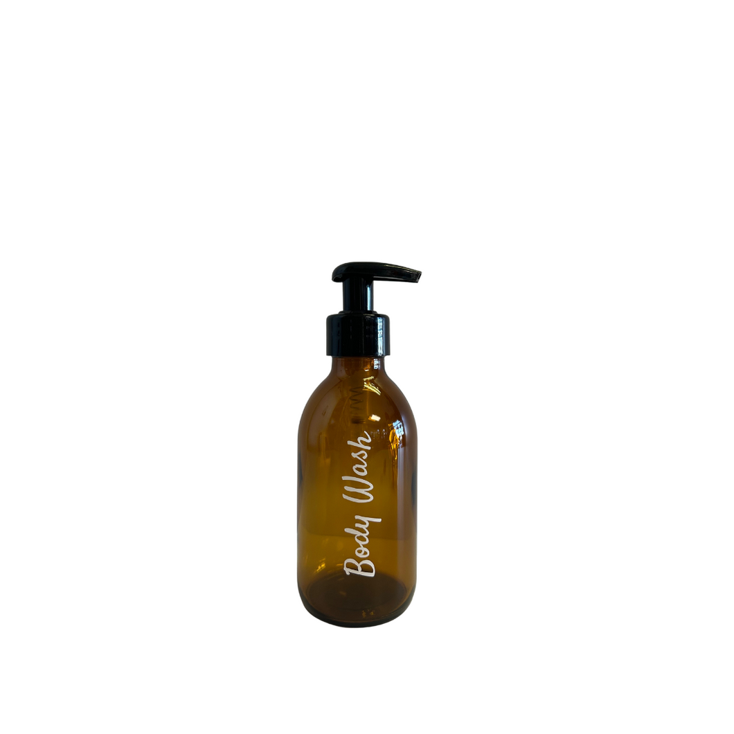 Body Wash Labelled 200ml Amber Glass Bottle Black Pump