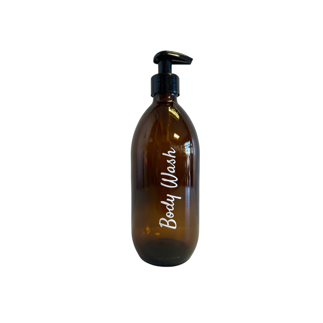 Body Wash Labelled 500ml Amber Glass Bottle Black Pump