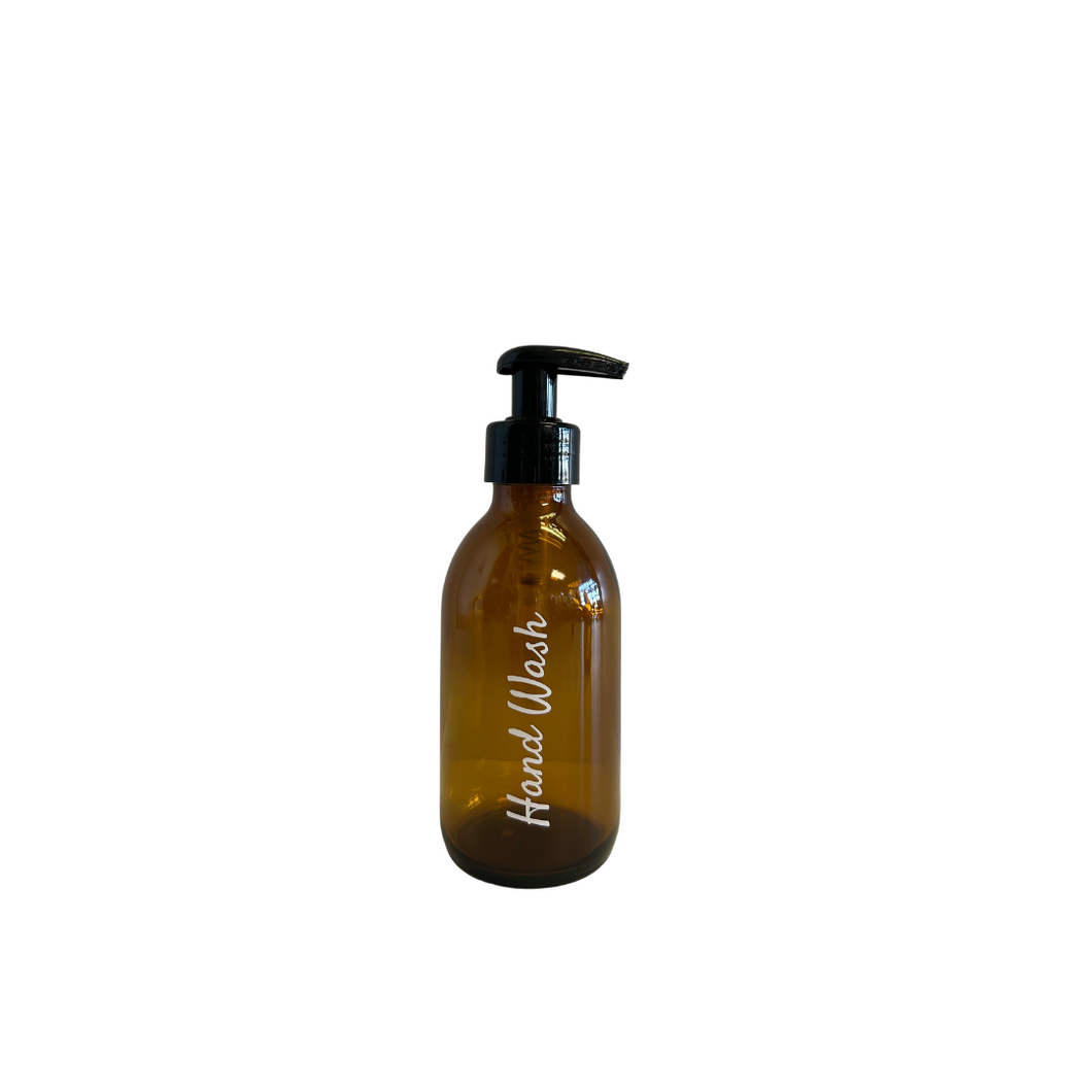 Hand Wash Labelled 200ml Amber Glass Bottle Black Pump